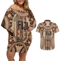 Bula Fiji Vintage Couples Matching Off Shoulder Short Dress and Hawaiian Shirt Brown Masi Motifs