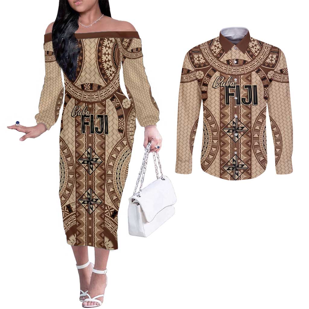 Bula Fiji Vintage Couples Matching Off The Shoulder Long Sleeve Dress and Long Sleeve Button Shirt Brown Masi Motifs