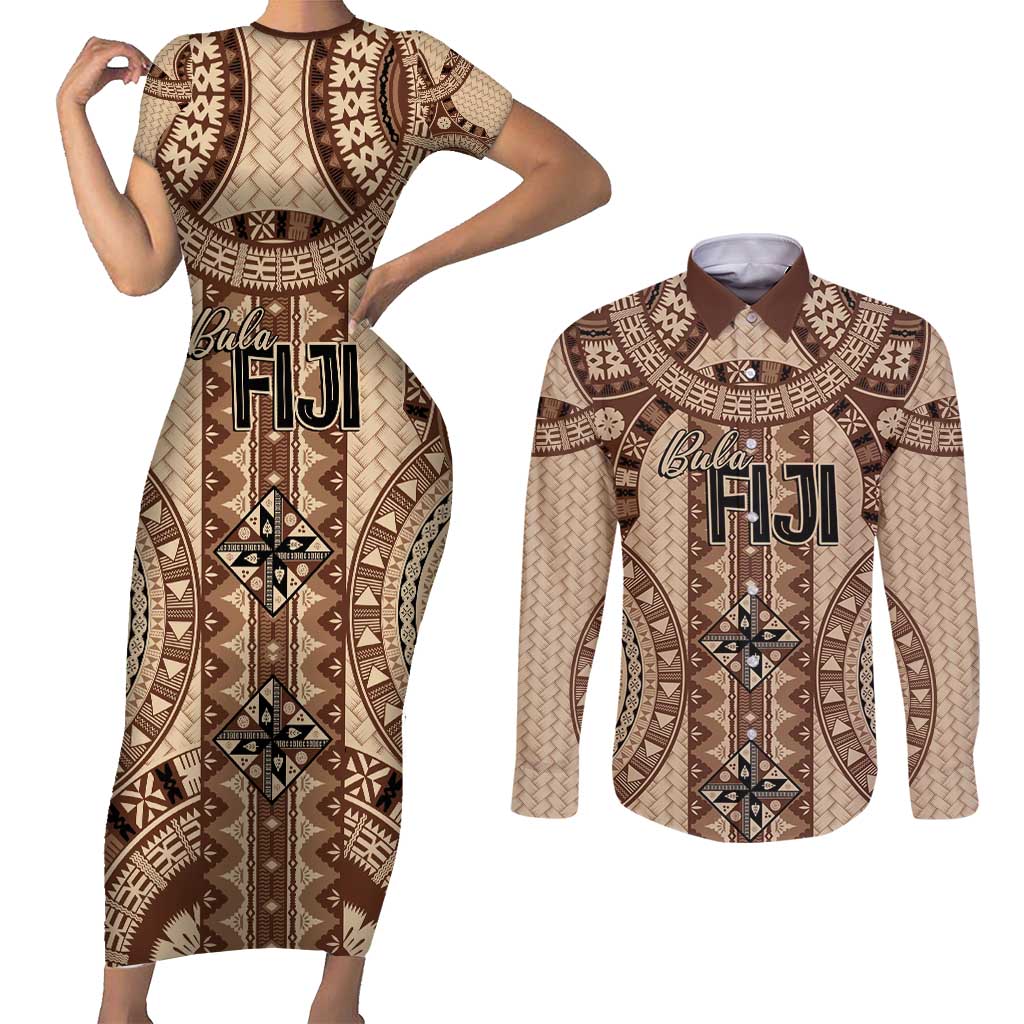 Bula Fiji Vintage Couples Matching Short Sleeve Bodycon Dress and Long Sleeve Button Shirt Brown Masi Motifs