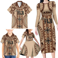 Bula Fiji Vintage Family Matching Long Sleeve Bodycon Dress and Hawaiian Shirt Brown Masi Motifs