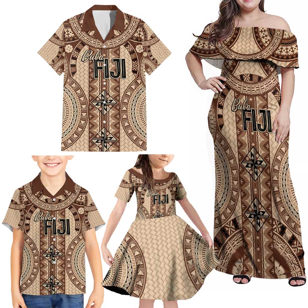 Bula Fiji Vintage Family Matching Off Shoulder Maxi Dress and Hawaiian Shirt Brown Masi Motifs