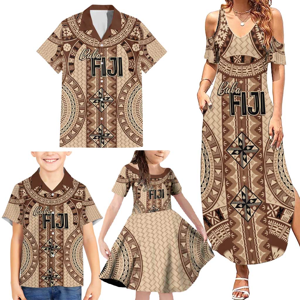 Bula Fiji Vintage Family Matching Summer Maxi Dress and Hawaiian Shirt Brown Masi Motifs