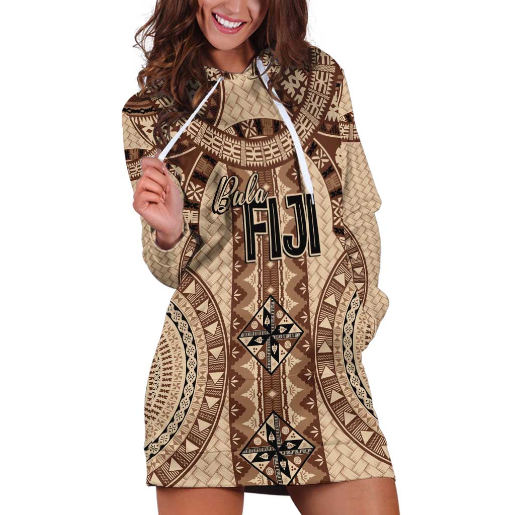 Bula Fiji Vintage Hoodie Dress Brown Masi Motifs LT7 Brown - Polynesian Pride