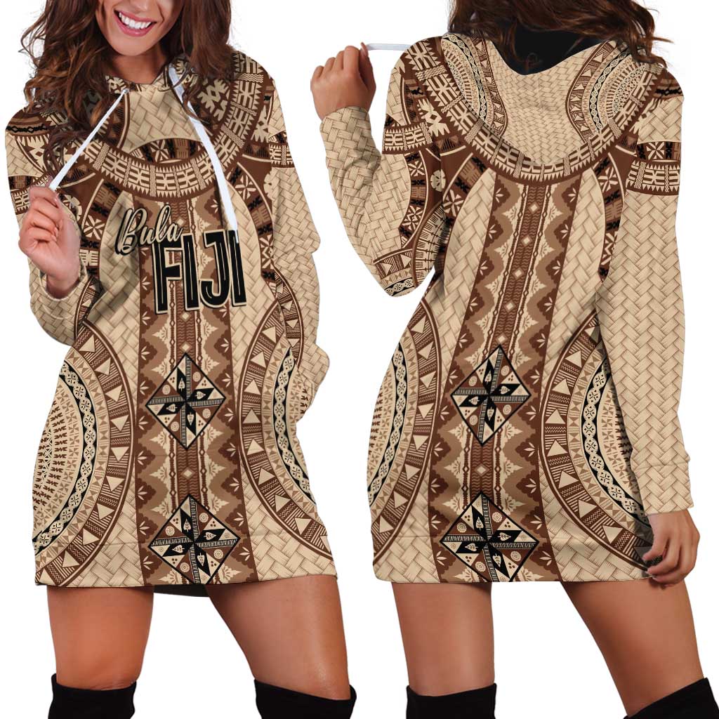 Bula Fiji Vintage Hoodie Dress Brown Masi Motifs LT7 - Polynesian Pride