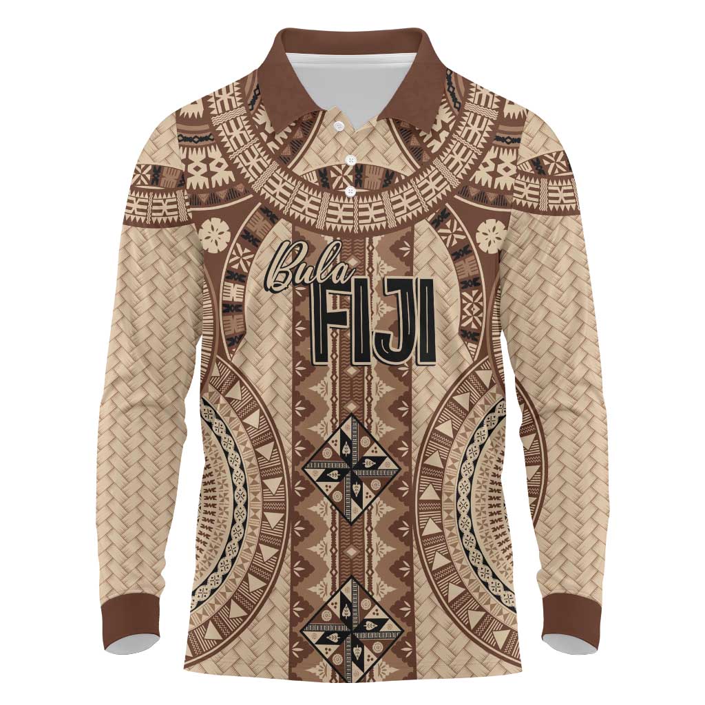 Bula Fiji Vintage Long Sleeve Polo Shirt Brown Masi Motifs
