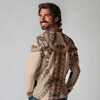 Bula Fiji Vintage Long Sleeve Polo Shirt Brown Masi Motifs