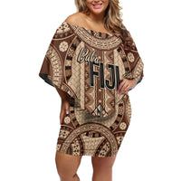 Bula Fiji Vintage Off Shoulder Short Dress Brown Masi Motifs