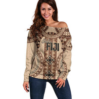 Bula Fiji Vintage Off Shoulder Sweater Brown Masi Motifs
