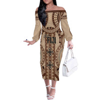 Bula Fiji Vintage Off The Shoulder Long Sleeve Dress Brown Masi Motifs