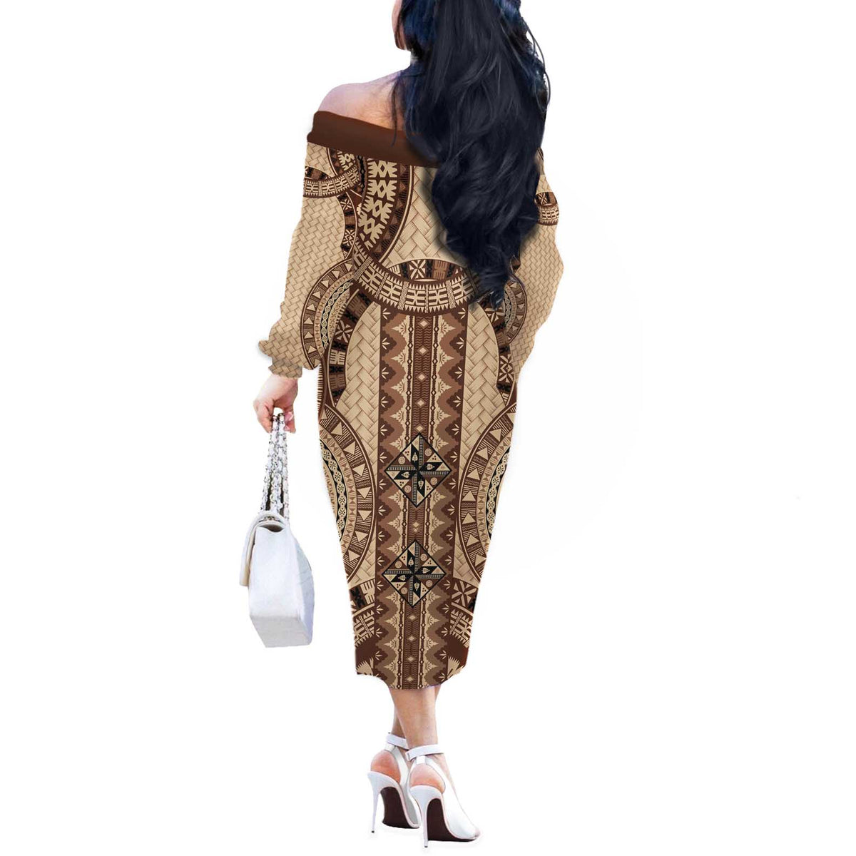 Bula Fiji Vintage Off The Shoulder Long Sleeve Dress Brown Masi Motifs