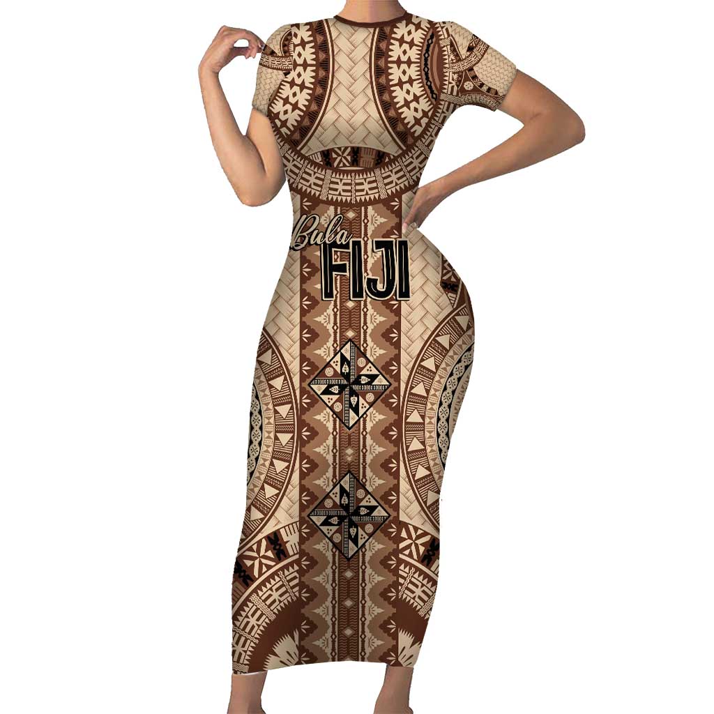 Bula Fiji Vintage Short Sleeve Bodycon Dress Brown Masi Motifs
