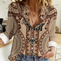 Bula Fiji Vintage Women Casual Shirt Brown Masi Motifs LT7 Female Brown - Polynesian Pride