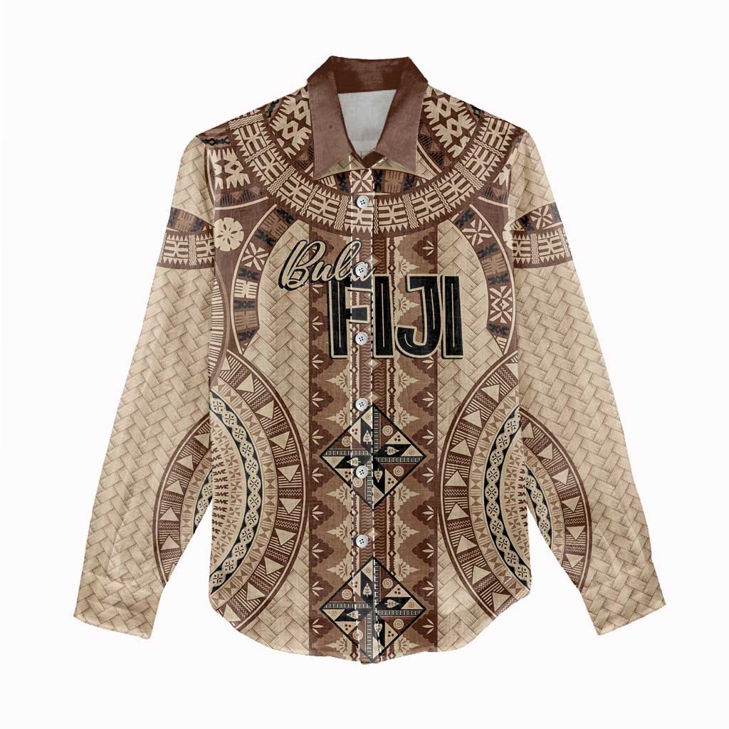 Bula Fiji Vintage Women Casual Shirt Brown Masi Motifs LT7 - Polynesian Pride