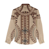Bula Fiji Vintage Women Casual Shirt Brown Masi Motifs LT7 - Polynesian Pride