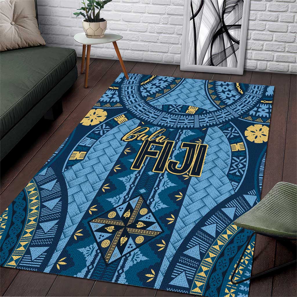 Bula Fiji Vintage Area Rug Prussian Blue Masi Motifs LT7 Prussian Blue - Polynesian Pride