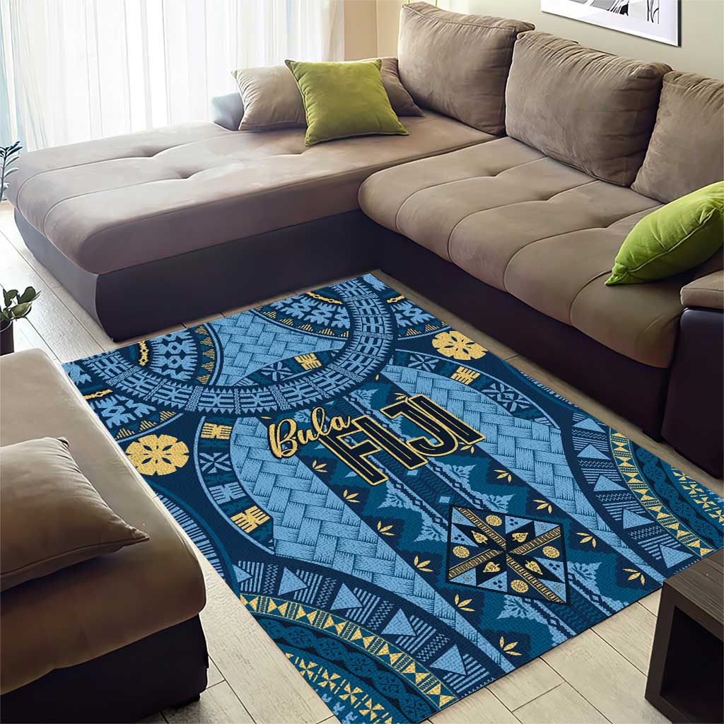 Bula Fiji Vintage Area Rug Prussian Blue Masi Motifs LT7 - Polynesian Pride