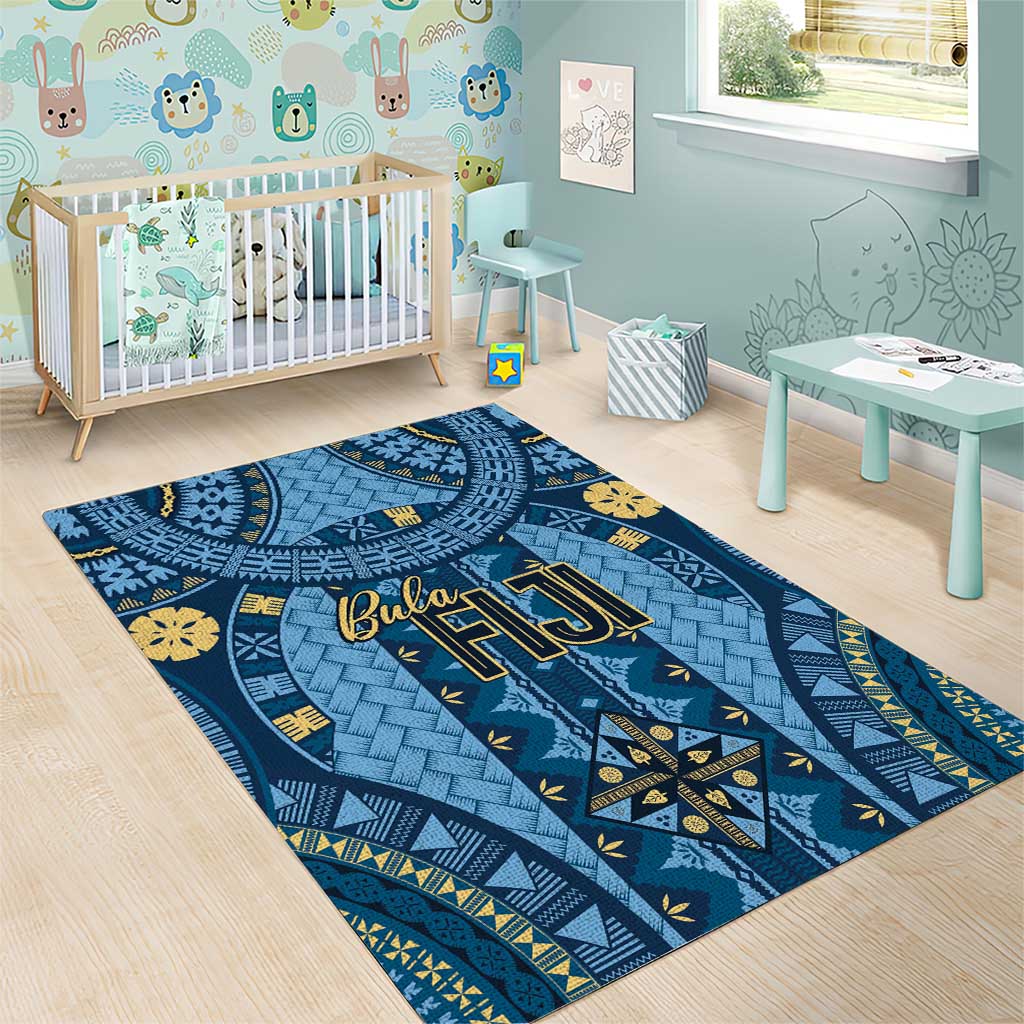 Bula Fiji Vintage Area Rug Prussian Blue Masi Motifs LT7 - Polynesian Pride