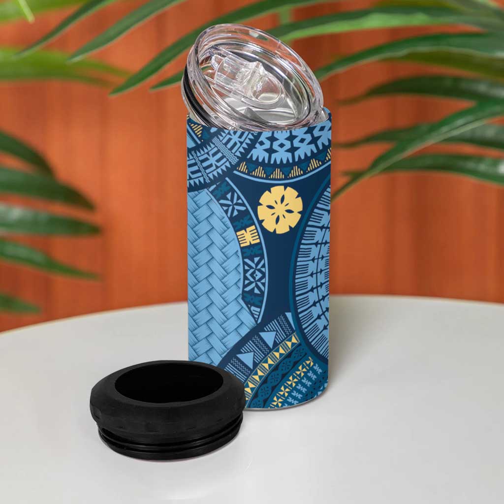 Bula Fiji Vintage 4 in 1 Can Cooler Tumbler Prussian Blue Masi Motifs LT7 - Polynesian Pride