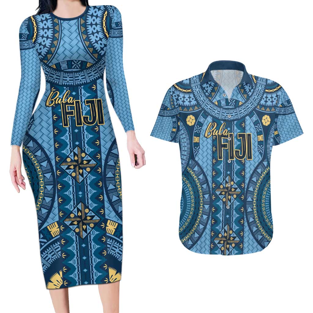 Bula Fiji Vintage Couples Matching Long Sleeve Bodycon Dress and Hawaiian Shirt Prussian Blue Masi Motifs