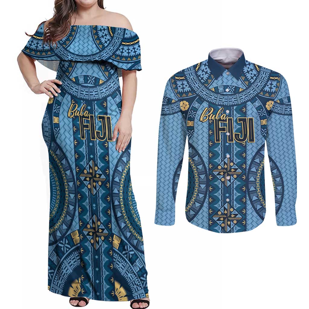 Bula Fiji Vintage Couples Matching Off Shoulder Maxi Dress and Long Sleeve Button Shirt Prussian Blue Masi Motifs