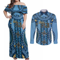 Bula Fiji Vintage Couples Matching Off Shoulder Maxi Dress and Long Sleeve Button Shirt Prussian Blue Masi Motifs