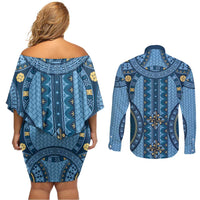 Bula Fiji Vintage Couples Matching Off Shoulder Short Dress and Long Sleeve Button Shirt Prussian Blue Masi Motifs