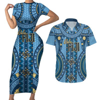 Bula Fiji Vintage Couples Matching Short Sleeve Bodycon Dress and Hawaiian Shirt Prussian Blue Masi Motifs