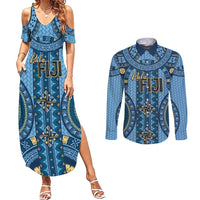 Bula Fiji Vintage Couples Matching Summer Maxi Dress and Long Sleeve Button Shirt Prussian Blue Masi Motifs