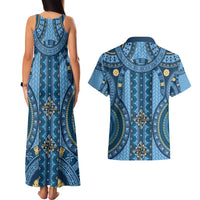 Bula Fiji Vintage Couples Matching Tank Maxi Dress and Hawaiian Shirt Prussian Blue Masi Motifs