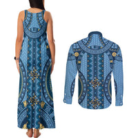 Bula Fiji Vintage Couples Matching Tank Maxi Dress and Long Sleeve Button Shirt Prussian Blue Masi Motifs
