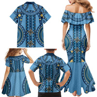 Bula Fiji Vintage Family Matching Mermaid Dress and Hawaiian Shirt Prussian Blue Masi Motifs