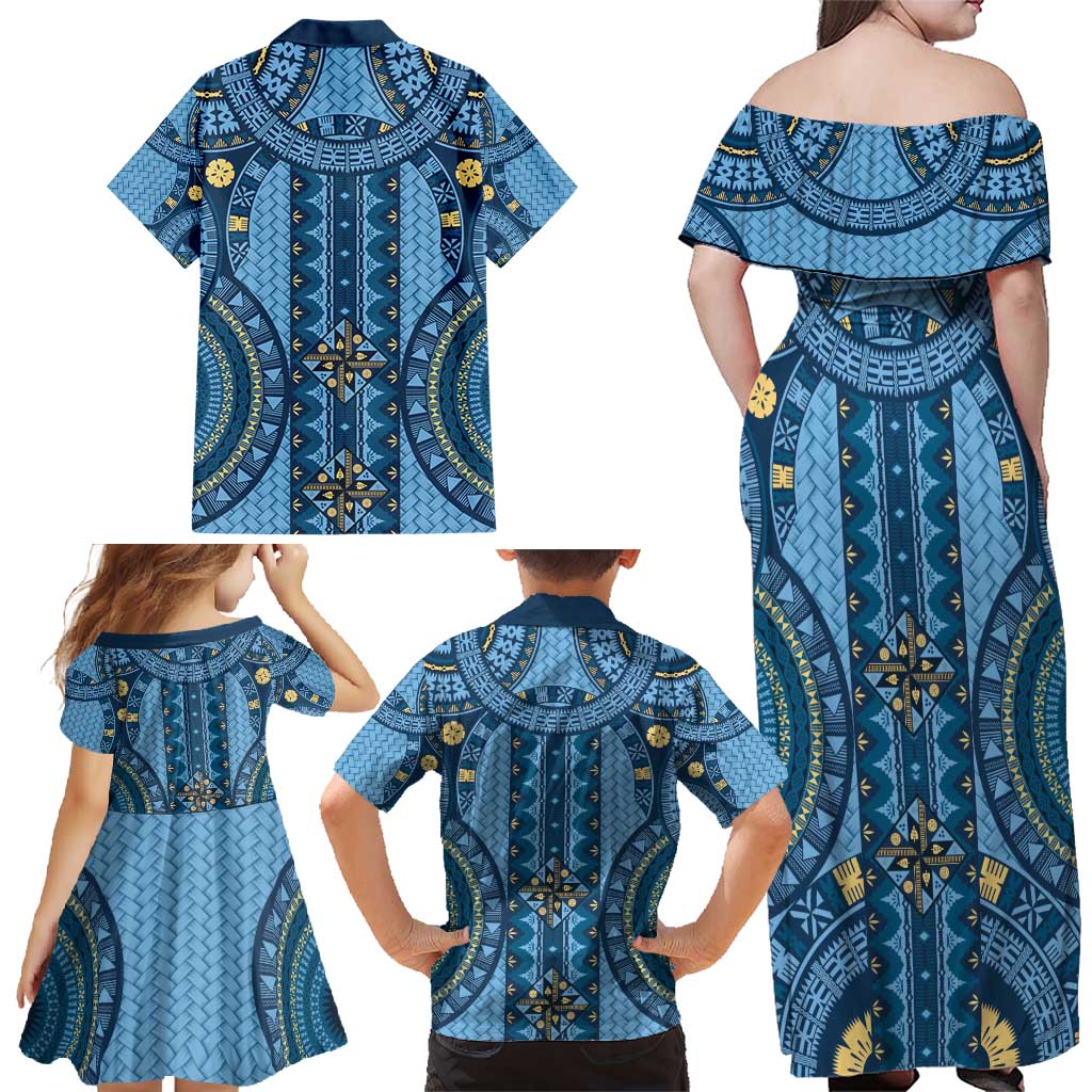 Bula Fiji Vintage Family Matching Off Shoulder Maxi Dress and Hawaiian Shirt Prussian Blue Masi Motifs