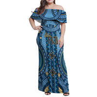 Bula Fiji Vintage Family Matching Off Shoulder Maxi Dress and Hawaiian Shirt Prussian Blue Masi Motifs