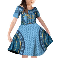 Bula Fiji Vintage Family Matching Off Shoulder Short Dress and Hawaiian Shirt Prussian Blue Masi Motifs