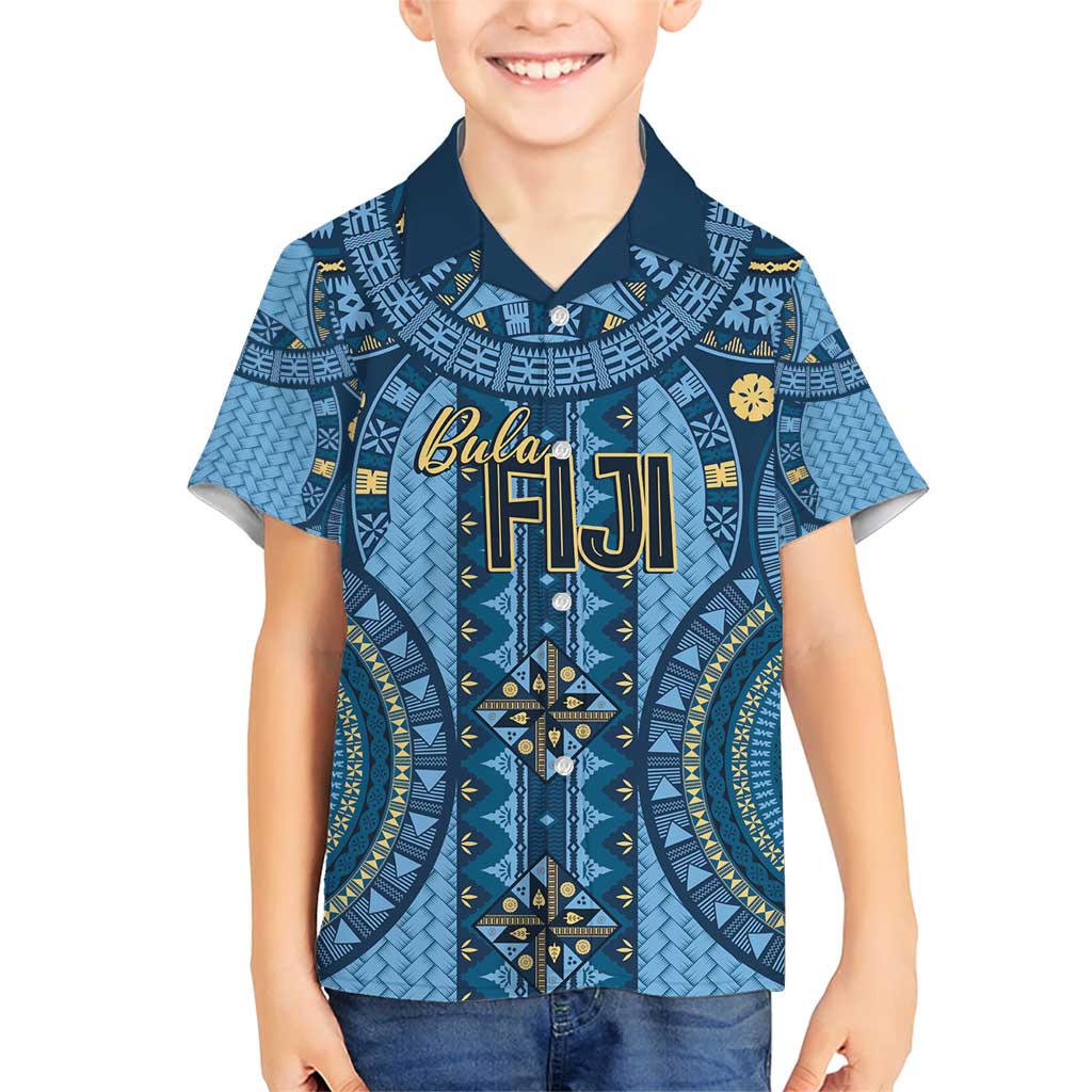 Bula Fiji Vintage Family Matching Short Sleeve Bodycon Dress and Hawaiian Shirt Prussian Blue Masi Motifs