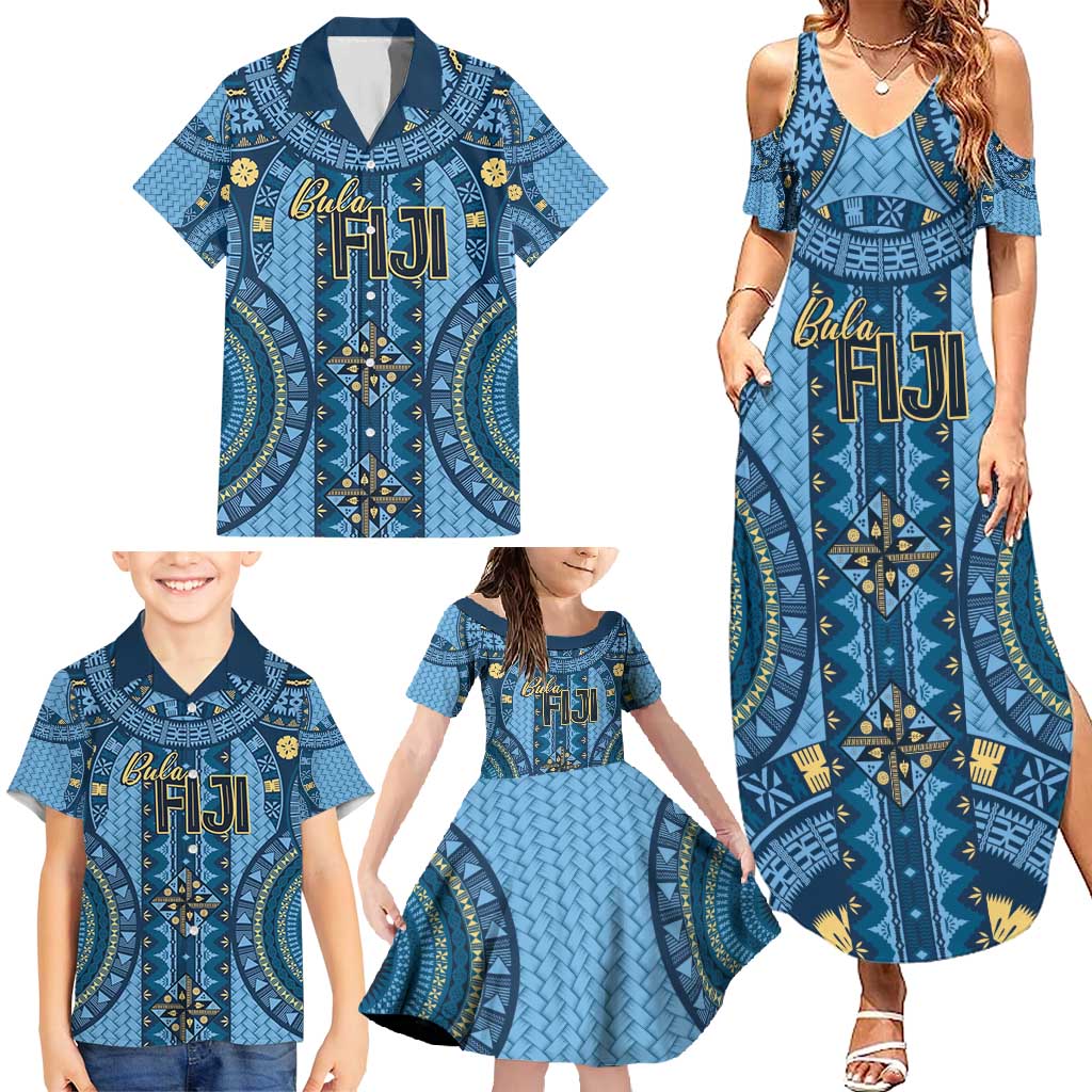 Bula Fiji Vintage Family Matching Summer Maxi Dress and Hawaiian Shirt Prussian Blue Masi Motifs