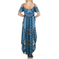 Bula Fiji Vintage Family Matching Summer Maxi Dress and Hawaiian Shirt Prussian Blue Masi Motifs