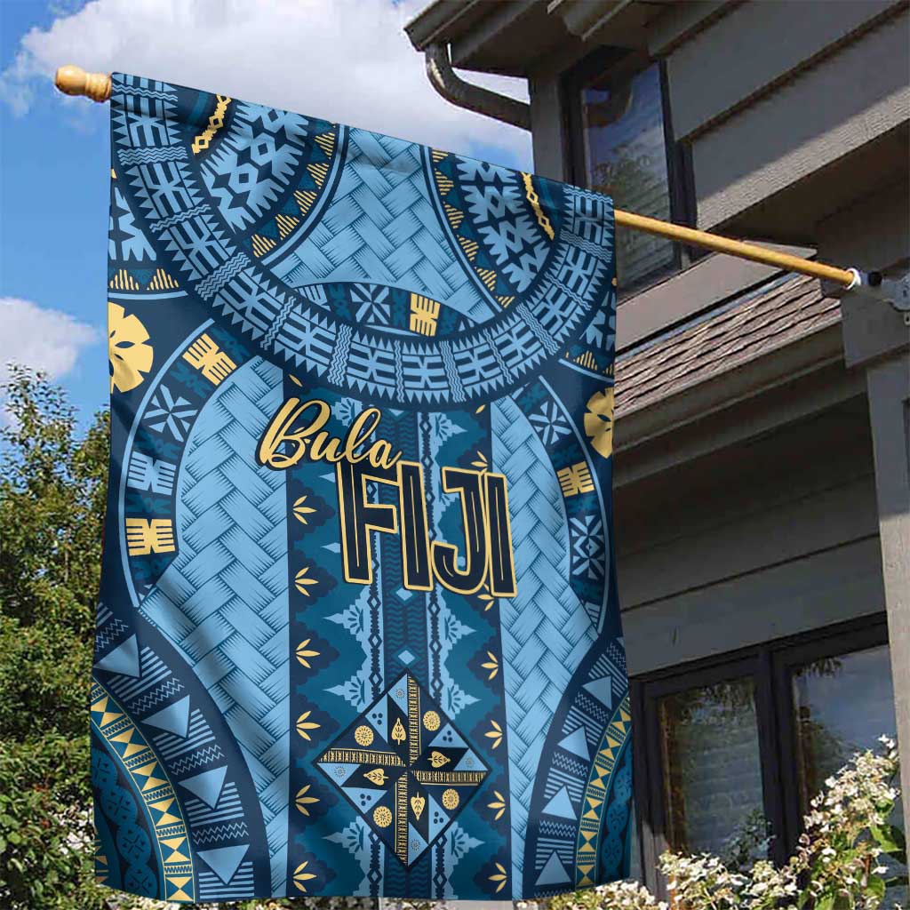Bula Fiji Vintage Garden Flag Prussian Blue Masi Motifs
