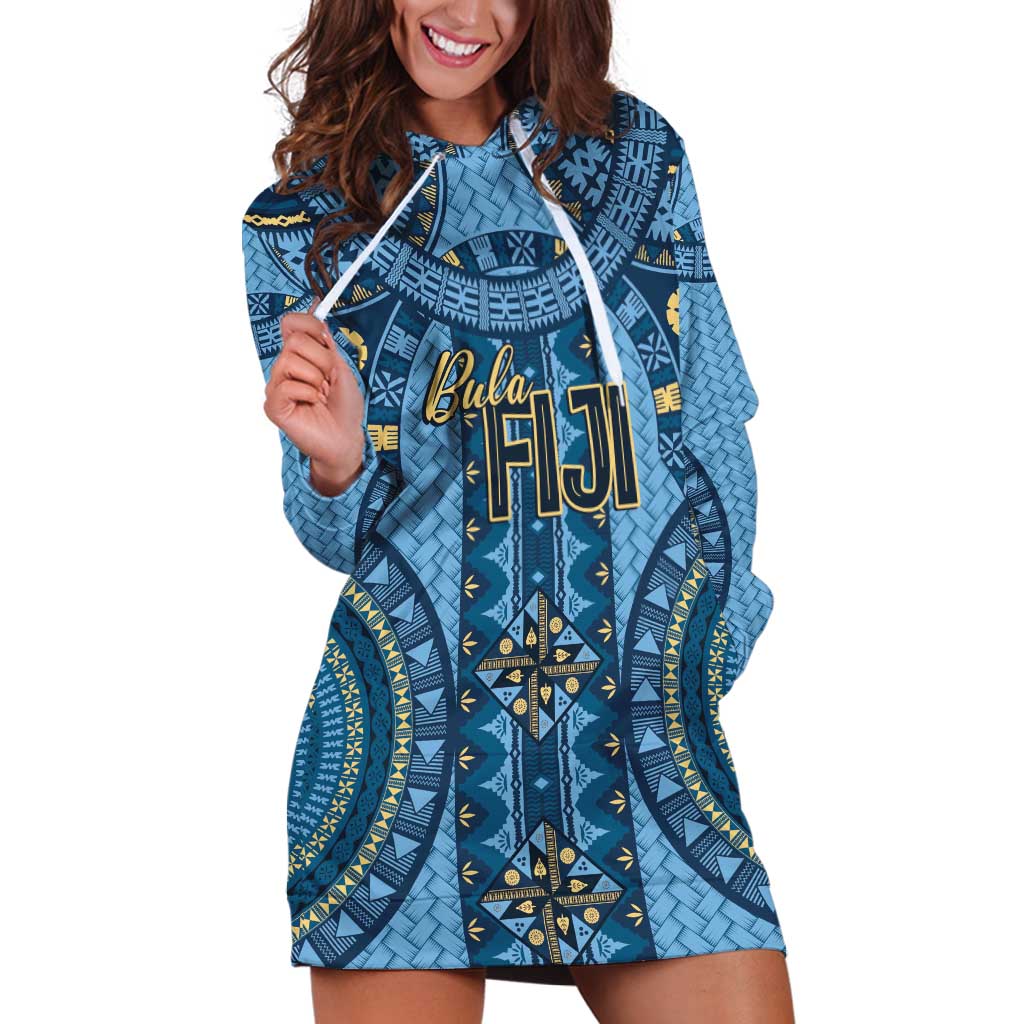 Bula Fiji Vintage Hoodie Dress Prussian Blue Masi Motifs LT7 Prussian Blue - Polynesian Pride