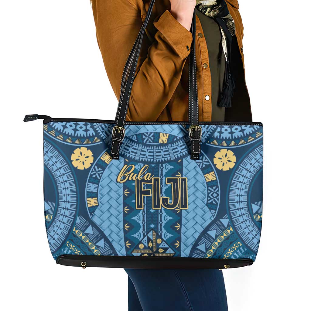 Bula Fiji Vintage Leather Tote Bag Prussian Blue Masi Motifs