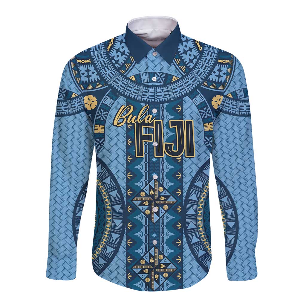 Bula Fiji Vintage Long Sleeve Button Shirt Prussian Blue Masi Motifs
