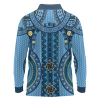 Bula Fiji Vintage Long Sleeve Polo Shirt Prussian Blue Masi Motifs