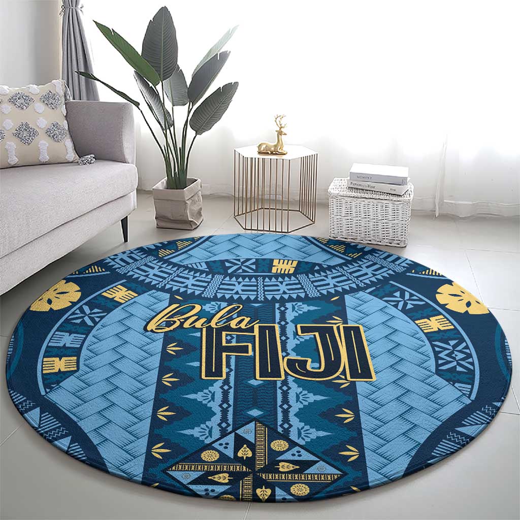 Bula Fiji Vintage Round Carpet Prussian Blue Masi Motifs