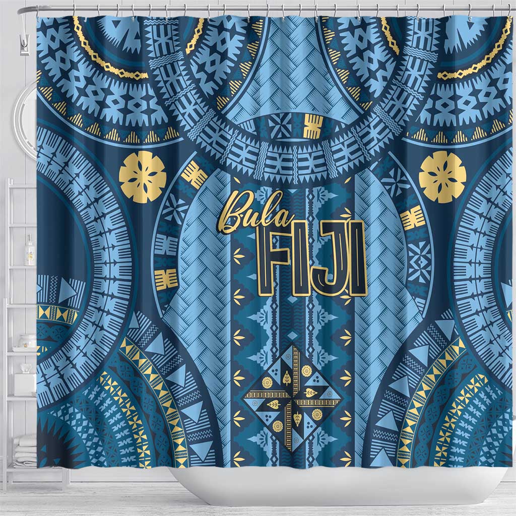 Bula Fiji Vintage Shower Curtain Prussian Blue Masi Motifs