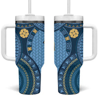 Bula Fiji Vintage Tumbler With Handle Prussian Blue Masi Motifs LT7 One Size: 40 oz Prussian Blue - Polynesian Pride