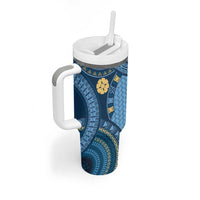 Bula Fiji Vintage Tumbler With Handle Prussian Blue Masi Motifs LT7 - Polynesian Pride