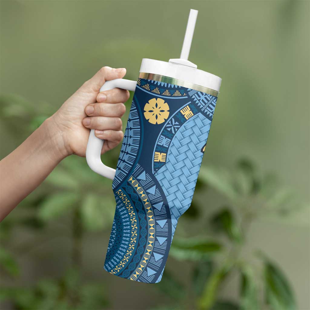 Bula Fiji Vintage Tumbler With Handle Prussian Blue Masi Motifs LT7 - Polynesian Pride