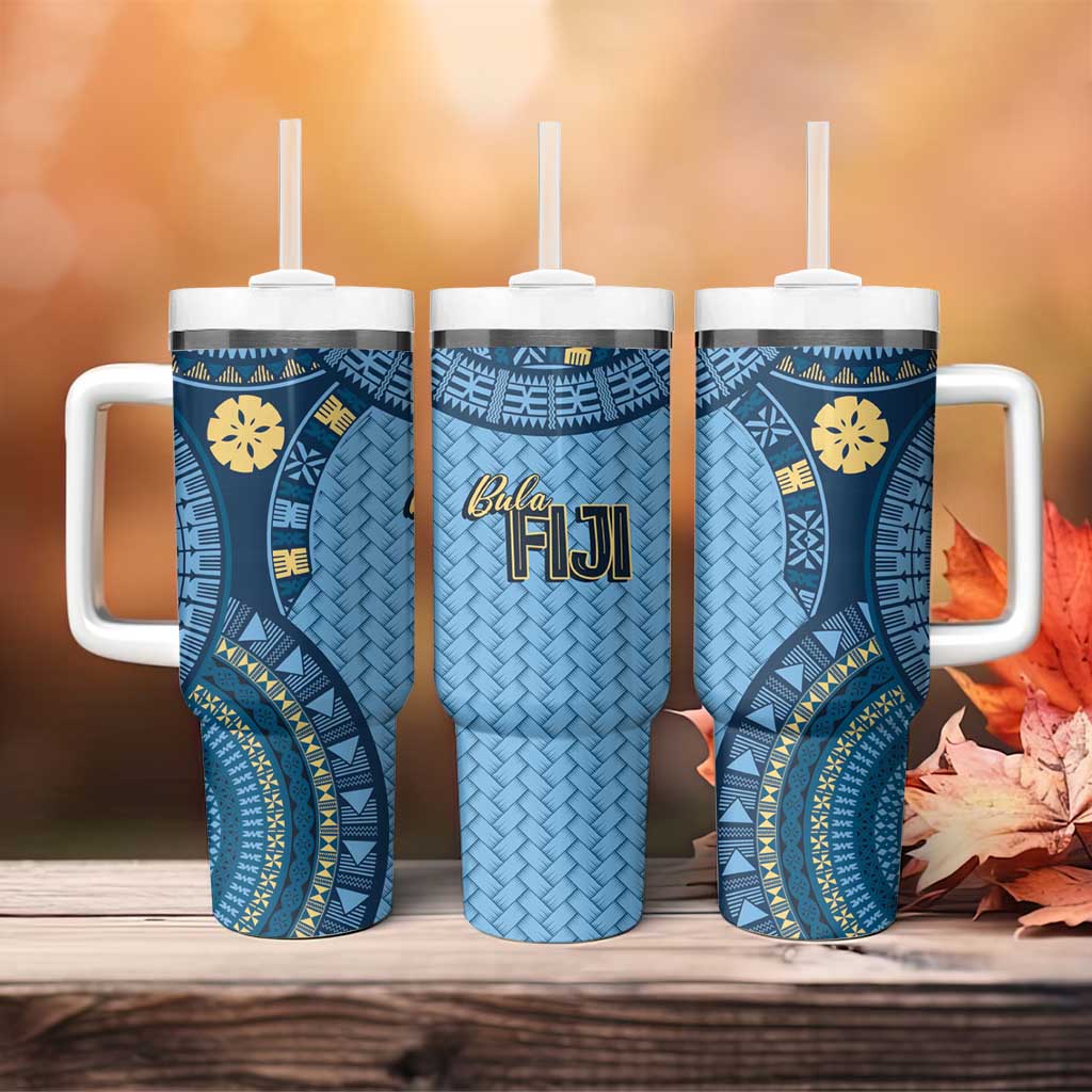 Bula Fiji Vintage Tumbler With Handle Prussian Blue Masi Motifs LT7 - Polynesian Pride
