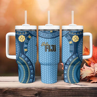 Bula Fiji Vintage Tumbler With Handle Prussian Blue Masi Motifs LT7 - Polynesian Pride