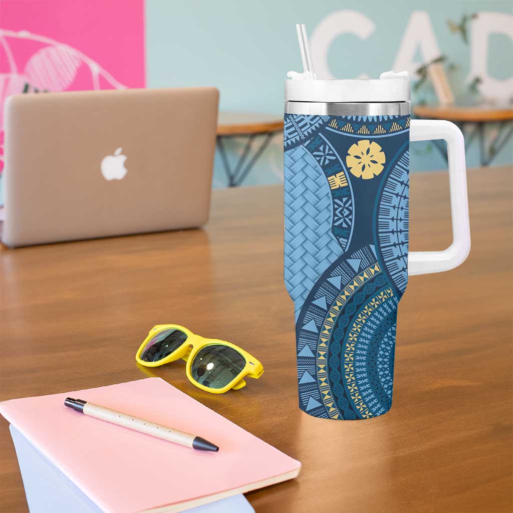 Bula Fiji Vintage Tumbler With Handle Prussian Blue Masi Motifs LT7 - Polynesian Pride